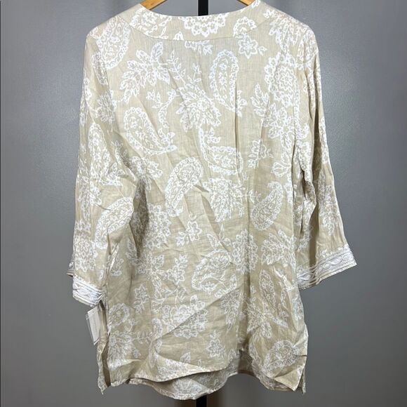 Charter Club Cream Paisley Relaxed Tunic Top 100% Linen - Picture 2 of 8